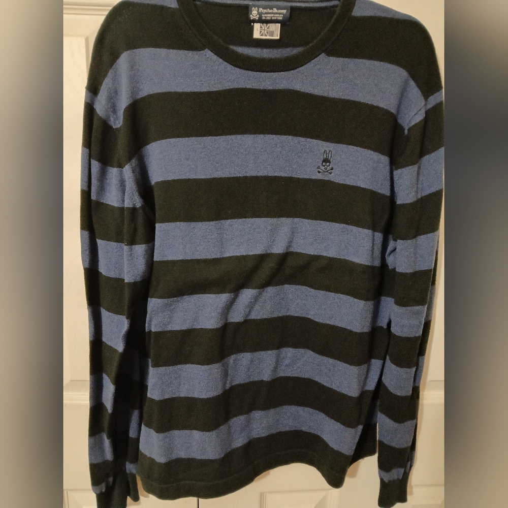 Psycho Bunny Black and Blue Striped Crewneck Sweater